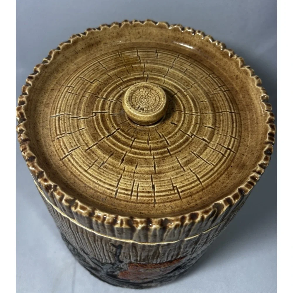 🦉Vintage Owl Ceramic Canister Brown Wood Grain ‎ 8.5
